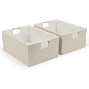 Foldable Fabric Storage Baskets Set of 2 for Shelves, Linen Decorative Storage Bins with Wooden Handles, Small Organizer Cubes for Closet, Rectangle Canvas Boxes for Organizing, Decor (Beige 2 Pack)