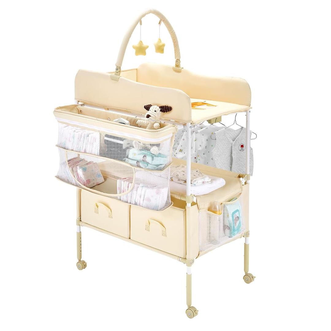 VEVOR Baby Changing Table, Adjustable Height Diaper Change Station with 2 Fabric Drawers, Side Basket and Hanging Rod, Foldable Changing Table with Lockable Wheels and 2 Star Toys, Light Beige