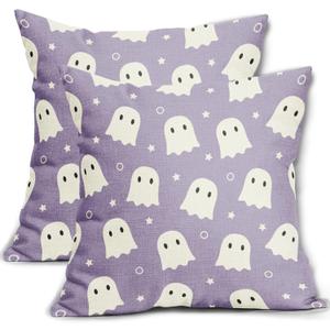 Farmhouse Cotton Linen Pillowcases - Cute Ghost 18x18 Inch Purple And White Spooky Throw Pillow Covers Set of 2 For Halloween Home And Outdoor Decor