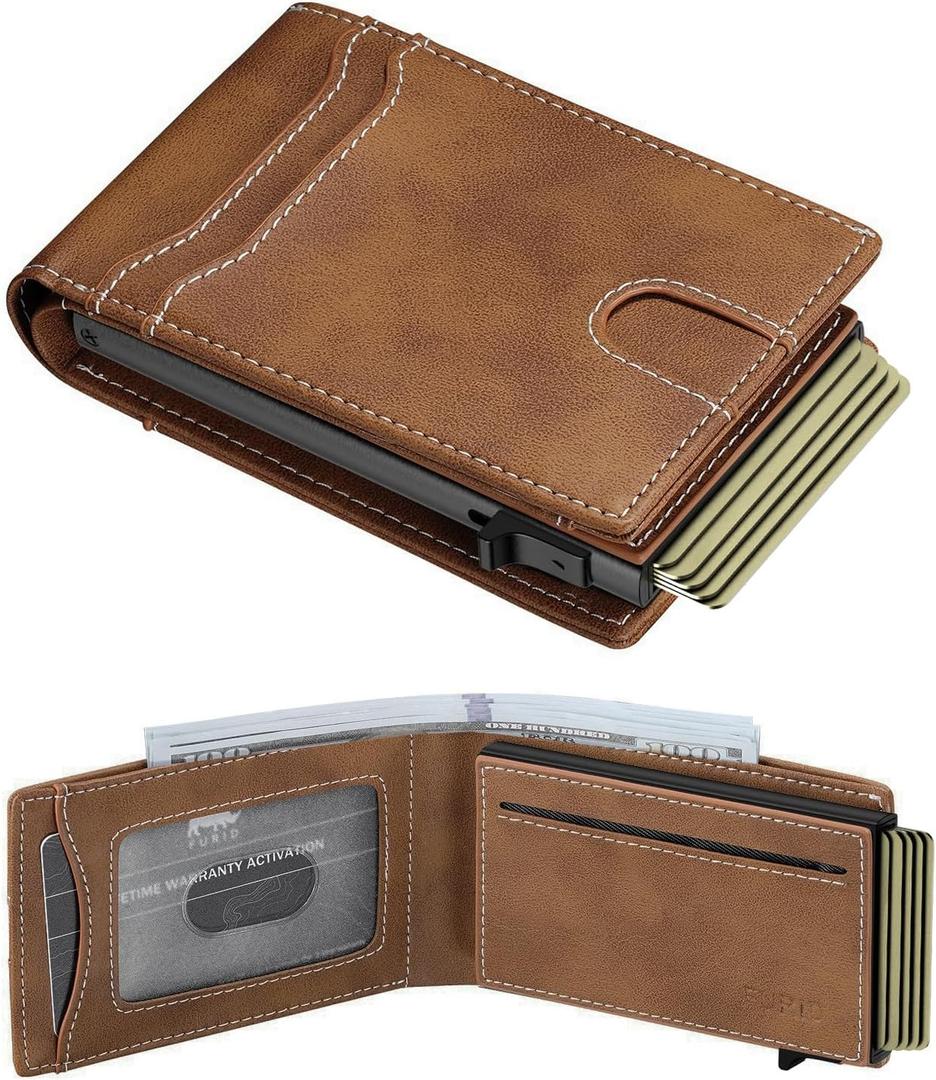 furid Card Wallet For Men Slim: Smart Wallet - Rfid Minimalist Front Pocket with ID Window Pop Up Wallet Gift For Male (minimalist wallet, Brown Leather)
