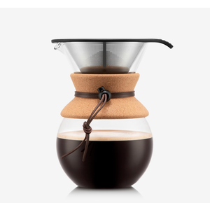 Bodum 34oz Pour Over Coffee Maker, HighHeat Borosilicate Glass with Reusable Stainless Steel Filter and Cork Grip  Made in Portugal
