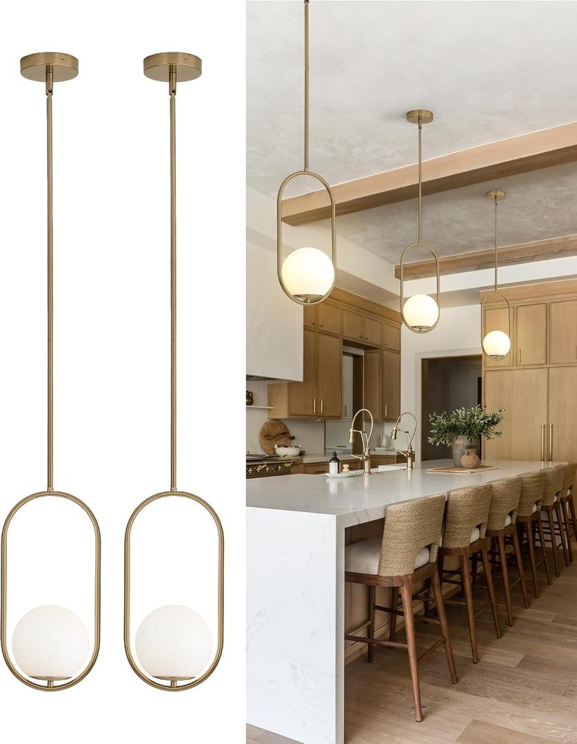 Yunnix Pendant Lights Kitchen Island, Pendant Light Fixtures, 2 Pack Modern Champagne Bronze Globe Glass Pendant Lighting, Mid Century Chandelier One Light for Bathroom Bedroom Dining Room