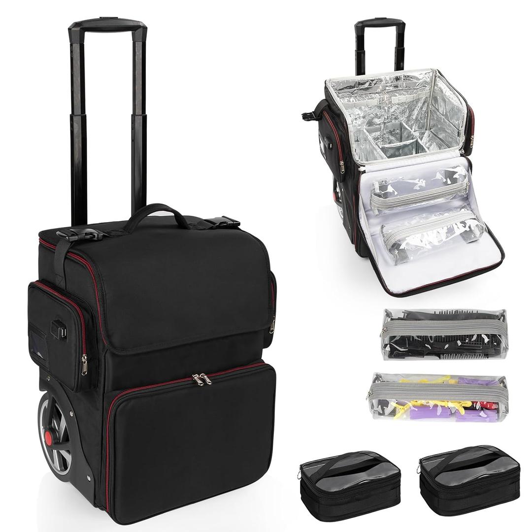 Large Makeup Train Case,Cosmetic Makeup Case for Hairstylist, Hairdresser Bag with Detachable Pouch,Heat Insulation and Anti-scalding Full layer for Hairdressing Tool Organizer Trolley with wheels