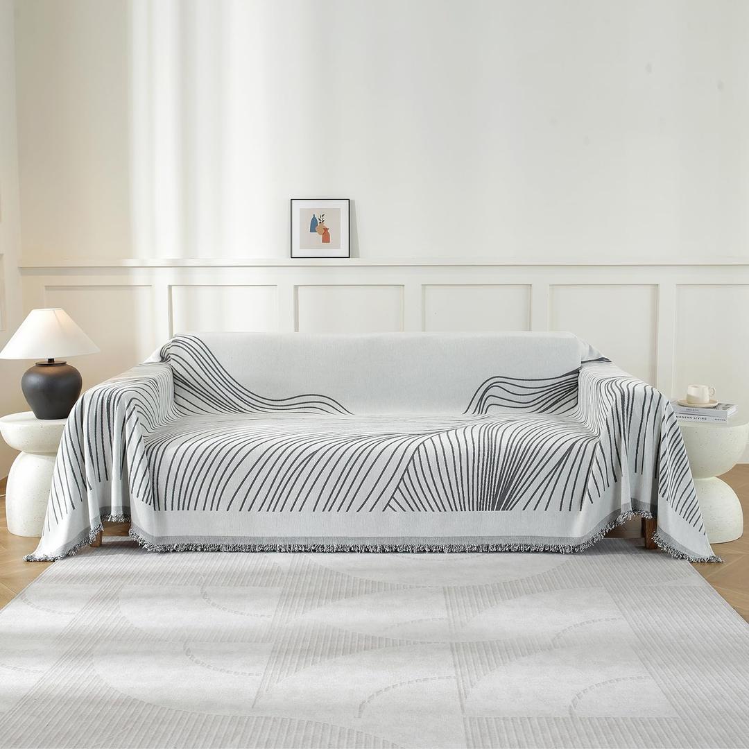 YSTELLAA Couch Cover for Sofa, Boho Sofa Cover Washable Couch Cover for Dogs, Pet Sofa Cover for 3-Cushion Couches with Tassel Furniture Protector Cover,71" x 134",Dark Gray-Wave