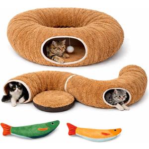 R1M Cat Tunnel Bed with 2 Cat Toys, Collapsible Play Tunnel for Indoor Cats, Kitten Toys for Indoor Kittens, Donut Shaped (Brown)