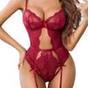 Avidlove Sexy Lingerie for Women Lace Bodysuit with Panty Garter Lingerie Set Teddy Lingerie Body Suit XXL (Wine Red)