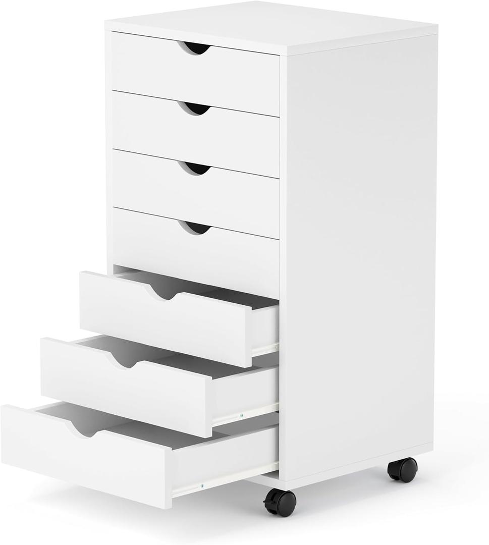 7 Drawer Chest, Storage Cabinet Dressers with Wheels, Dressers Storage Cabinets, Dresser Mobile Cabinet with Wheels, Room Organizer, Small Drawers Wood Organization Furniture for Office, Home, White, 15.8"D x 18.7"W x 34.3"H