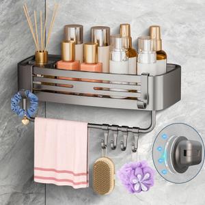 Shower Caddy Suction Cup, No Drilling Removable Shower Shelf with Towel Bar & Portable Hooks, Aluminum Rustproof Bath Corner Shower Rack Organizer for Bathroom Storage (Gray)