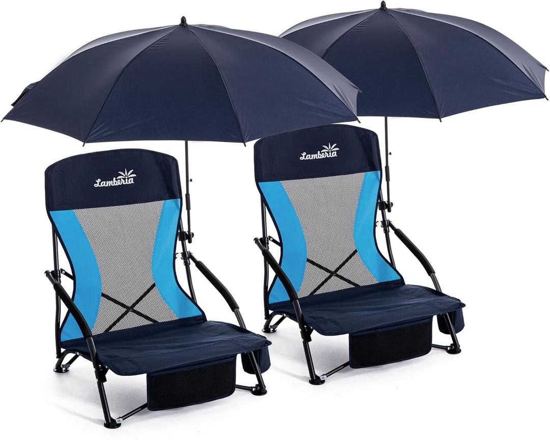 Folding Beach Chair with Umbrella for Adults, 2 Pack Portable Low Beach Chairs with 300lbs Capacity, Lightweight Fodable Camping Chair for Travel, Picnic, Concert & Outdoor Activities, Navy Blue, 27.5 x 22 x 20 inches