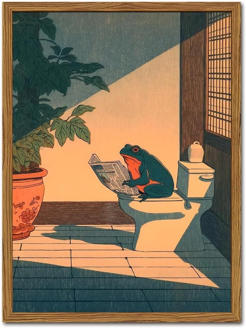 Funny Frog Bathroom Wall Art, Cute Japanese Frog in Toilet Wall Decor, Whimsical Green Animal Restroom Poster Canvas Painting Prints Artwork 12x16 inch Framed