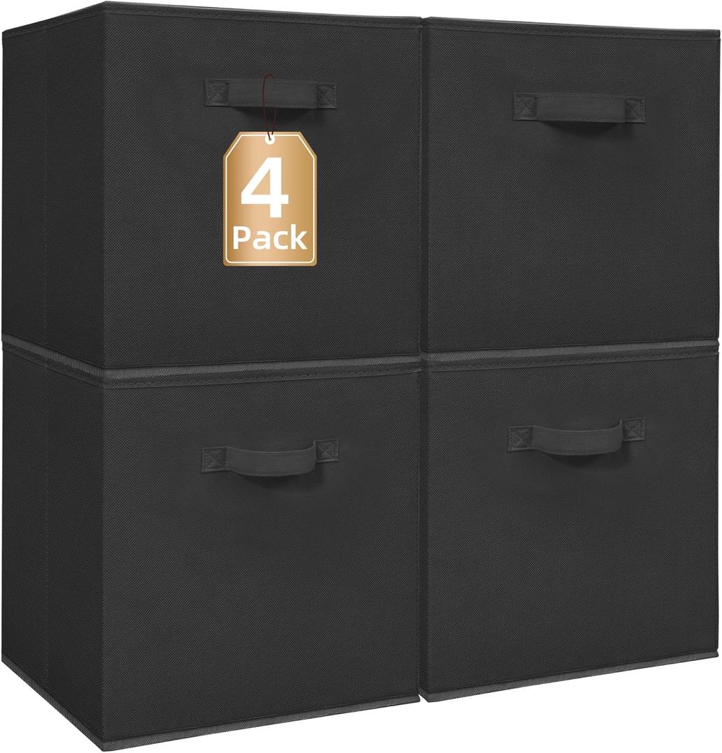 STORAGE MANIAC Storage Cubes, 13 Inch Collapsible Storage Bins with Handles, 4 Pack Fabric Foldable Bins for Organization, Durable Storage Bins for Closet, Shelves, Offices, Toys, 4-Pack Black