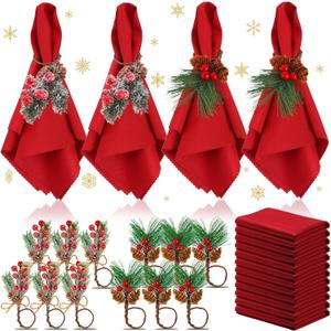 Sliner 24 Pcs Christmas Napkins and Ring Set 12 Pcs Red Washable Christmas Napkins Cloth and 12 Pcs Xmas Napkin Rings Holder for Holiday Dinner Party(Artificial Plants,Pine Cone)