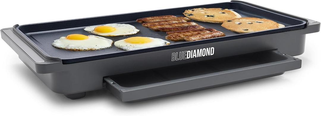 Blue Diamond 20 x 10.5 Extra Large Electric Griddle, Healthy Ceramic Nonstick Surface, Non-Toxic PFAS-Free, Temperature Control, Family Friendly, Removable Drip Tray, Easy Clean, Graphite