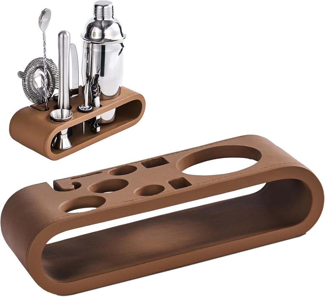 Leather Brown 9-Piece Bar Tool Holder Stand for Bartender Kit Storage Display (Bar Tools are Not Included), Resin Cocktail Shaker Set Holder, Free Standing Bartender Tool Holder
