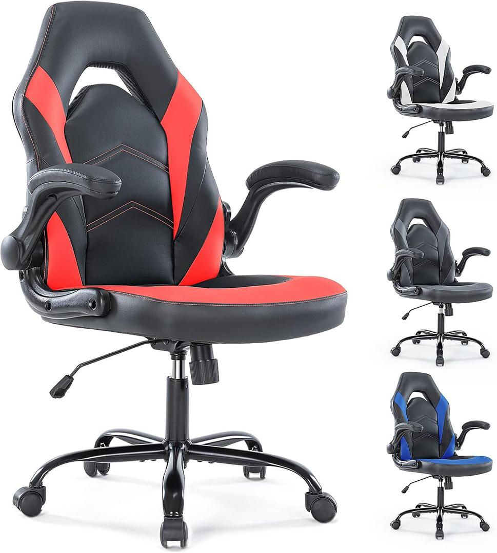 Gaming Computer Chair Ergonomic Office Chair Desk Chair with Lumbar Support Flip Up Arms Adjustable Height Swivel PU Leather Executive with Wheels for Adults Women Men Red