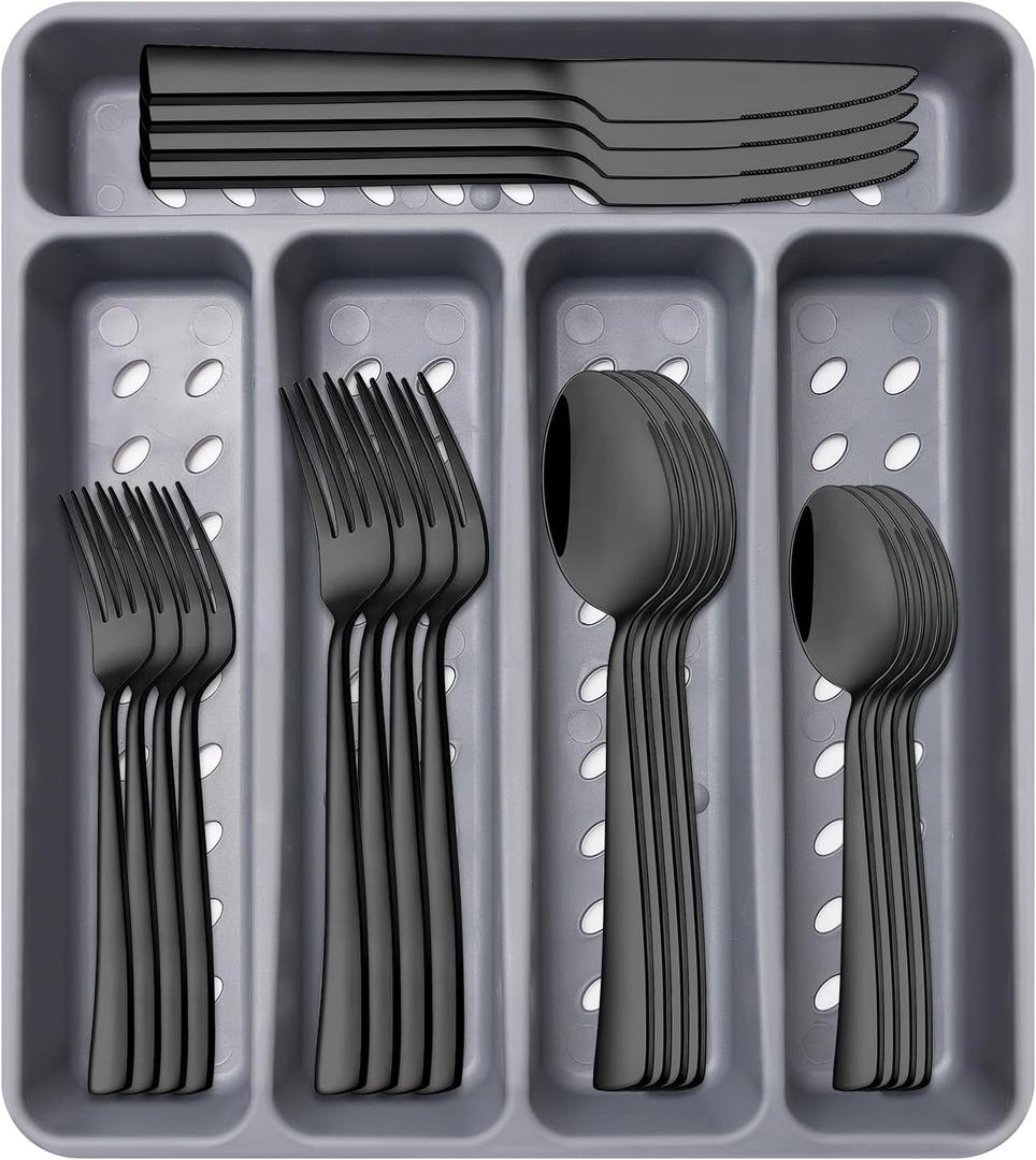 21-Piece Modern Black Silverware Set with Organizer Tray Stainless Steel Eating Utensil Sets Kitchen Knives Forks and Spoons Cutlery Set Heavy Duty Tableware Flatware Sets for 4, Dishwasher Safe (12.8" x 11.3")