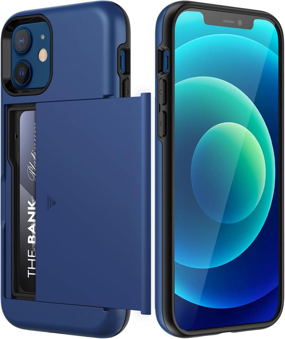 JETech Wallet Case for iPhone 12/12 Pro 6.1-Inch with Card Holder, Dual Layer Shockproof Protective Phone Cover, Sliding Hidden Slot (Blue)