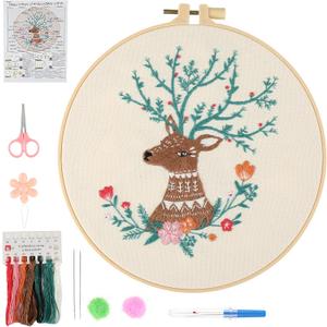 Beginner Deer Embroidery Kit for Adults, Pre-Printed with Video Tutorial | Complete Kit with Hoop, Threads, Needles, Scissors and Instructions, Simple Floral Needlework Project and Gift for Women