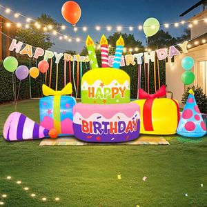 8FT Inflatable Happy Birthday Cake Decoration with Candles Blow up Outdoor Yard Decorations, Built-in LED Lights for Holiday Party Garden Lawn Indoor Home Celebration
