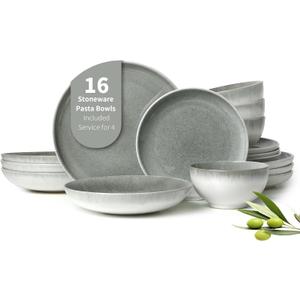 Pokini 16 Piece Double Bowl Dinnerware Sets, Stain Resistant Dish Set with Pasta Bowls, Easy Cleaning Dishes, Multi-Functional Plate and Bowl, Stack Compactly Plate Set, Service for 4