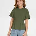 ZDC Girls Pleated Short Sleeve T Shirts Summer Crewneck Tops Casual Cute Basic Tees, Army Green, 140