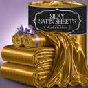 DECOLURE Satin Bed Sheets - 4 Piece Luxury Silky King Size Bedding Set - Softer Than Silk, Wrinkle-Free with 15” Deep Pocket Fitted Sheet, Perfect for Hair & Skin, Gifts for Women (Striped Gold)