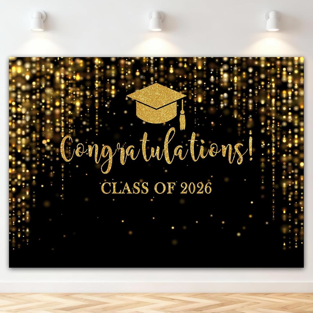 Mocsicka Class of 2026 Backdrop Black Gold Glitter Bokeh Graduation Party Background 2026 Congrats Grad Prom Party Cake Table Decoration Photo Booth Props (10x7ft)