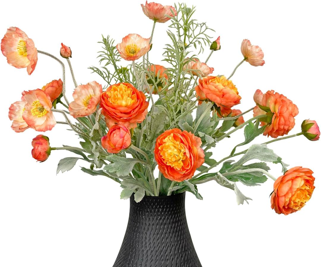 10pcs Orange and Gradient Pink Artificial Flowers for Vase, Fake Peonies Poppies and Daisy Stems Mixed, Silk Ranunculus Flowers Arrangement for Party Farmhouse Office Home Table Decoration