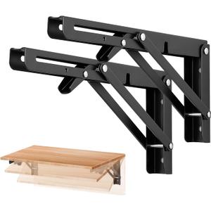 Ravinte 10 Inch Folding Shelf Brackets - Matte Black Collapsible Heavy Duty Brackets for Table Bench - Space Saving, 2 Pack