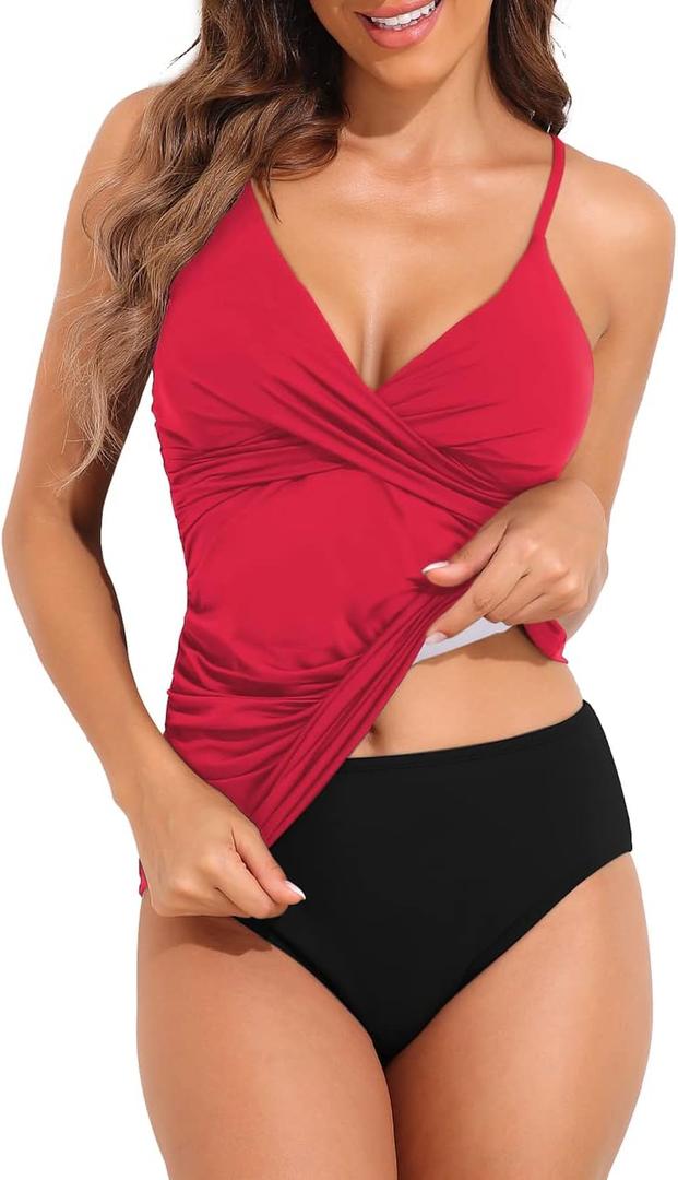 Plus Size Two Piece Swimsuit for Women Blouson Tankini Tummy Control Bathing Suit 2XL