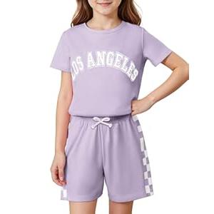 Dorbee Toddler Girl Summer Outfits Plaid Print School Girl Outfit and Short Sleeve Shorts, Purple, 3-4 Years