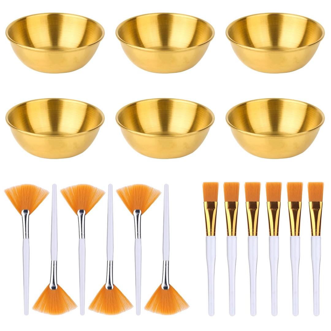 18pcs Esthetician Facial Supplies Set, Including 6 Gold Stainless Steel Bowls, 6 Fan Brushes & 6 Flat Brushes Face Mask Applicator Facial Mask Mixing Bowl Set Essential Tool for Women Spa (Gold)