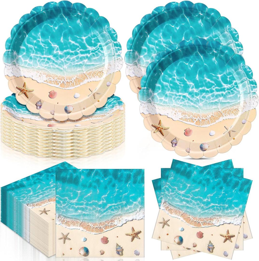 96 Pieces Summer Beach Ocean Tableware Set for 48 Guests Include 48 Pcs 7 Inch Dessert Plates and 48 Napkins Watercolor Disposable Dinnerware for Hawaiian Holiday Birthday Party Supplies