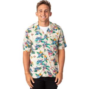 Disney Lilo and Stitch Men's Stitch Tropical Hawaiian Button Up Shirt (3X-Large, Khaki)