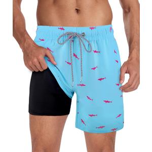 Fasker Mens Swim Trunks with Compression Liner 7" Inseam Quick Dry Bathing Suit Beach Shorts Swimming Trunks with Pockets (Medium, Shark Design)