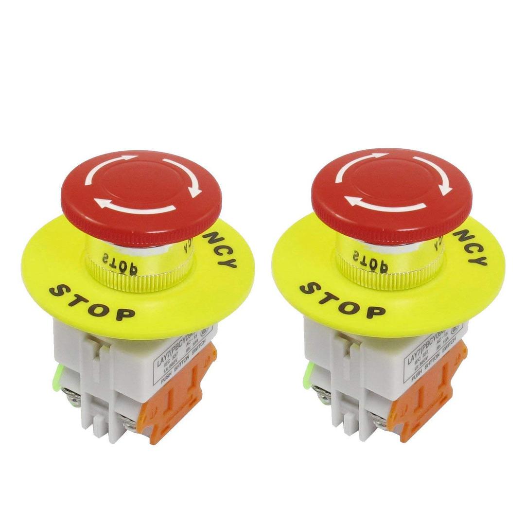 2pcs 22mm Mounting Hole Latching Emergency Stop Push Button Switch Red with 60mm Emergency Stop Sign 1NO 1NC