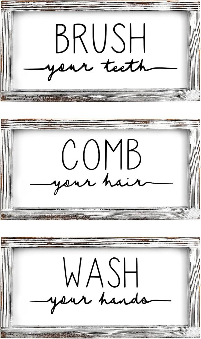 LIBWYS Bathroom Sign & Plaque (Set of 3) Wash Your Hands Brush Your Teeth Comb Your Hair Bath Art Natural Wood Decorative Farmhouse Bathroom Decor (White frame on white background)