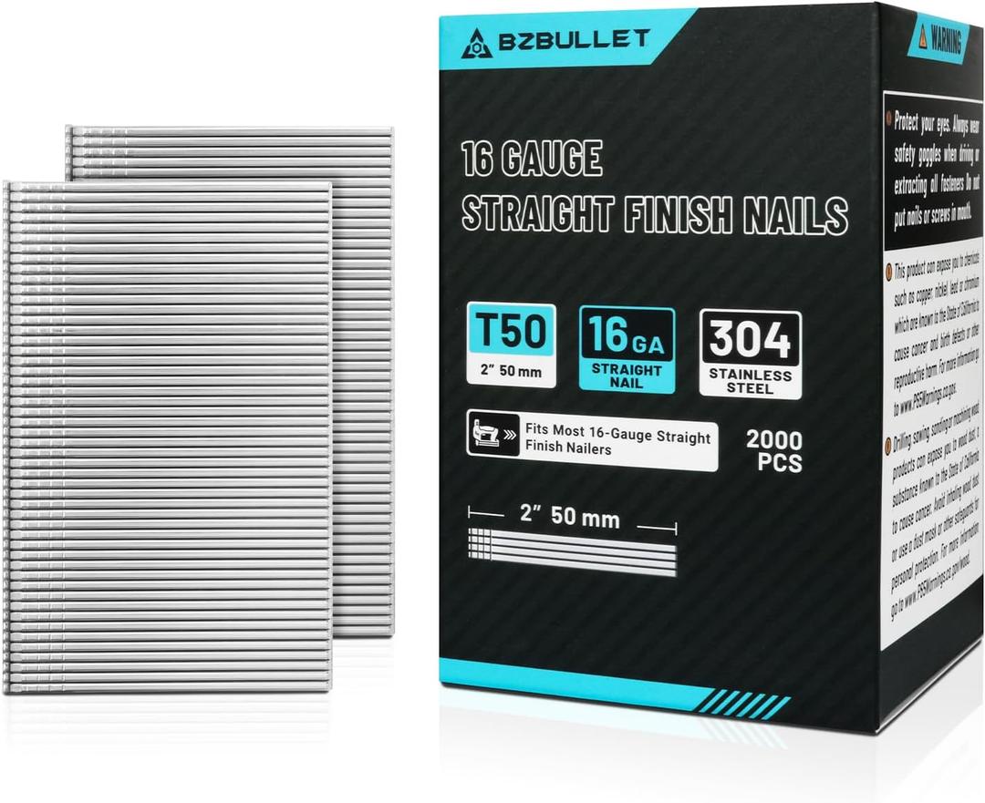 16 Gauge 2 Inch (50mm) Finish Nails, 304 Stainless Steel, Maximum Holding Power & Durability for Professional Contractors (8 Boxes of 2000 Count, 16000 Total)