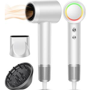 Hair Dryer, 160000 RPM Professional High-Speed Blow Dryer 500 Millions Negative Ionic Care Hair Dryer for Fast Drying, Low Noise Thermo-Control Hairdryer, Travel with Magnetic Diffuser & Nozzle, White