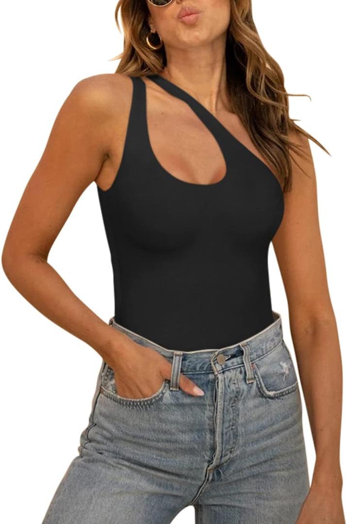 REORIA Butsmooth Women's Trendy Sexy Plunge One Shoulder Sleeveless V Backless Going Out Tank Bodysuits Tops (Medium, Black)