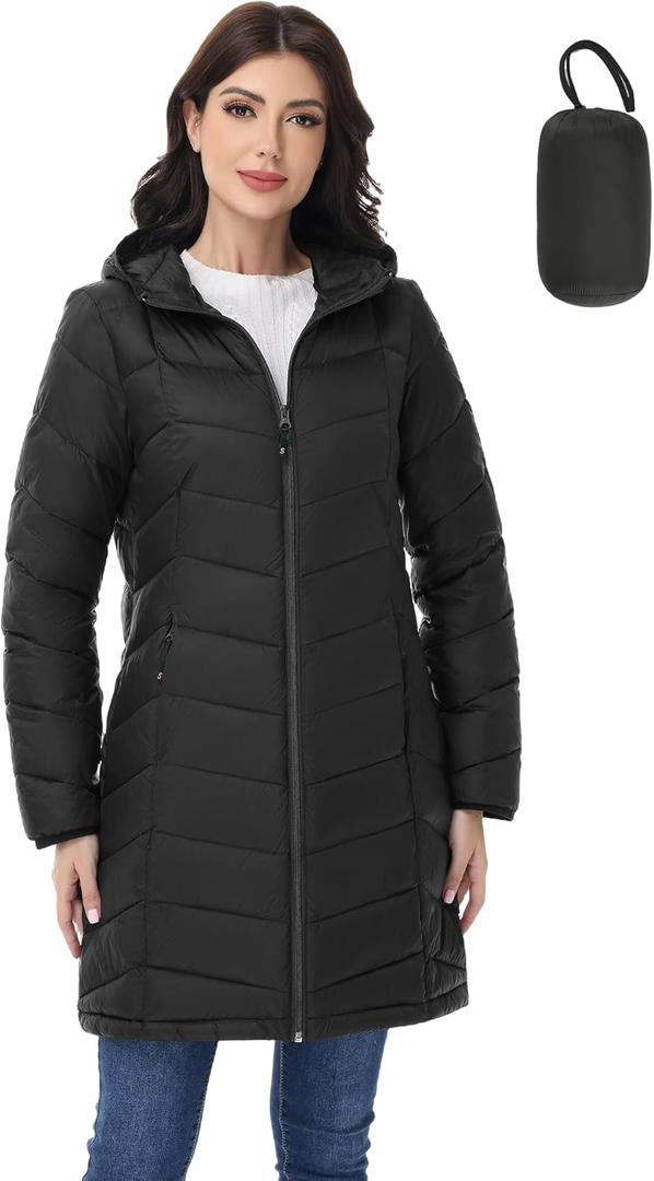 SLOW DOWN Womens Lightweight Puffer Coat, Women Hooded Packable Mid-Length Winter Puffer Jacket (Black, L)
