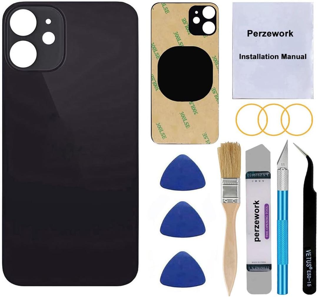 OEM Rear Back Glass Replacement for iPhone 12 6.1 inches with Reparing Toolkit and Pre-Installed Adhesive (Black)