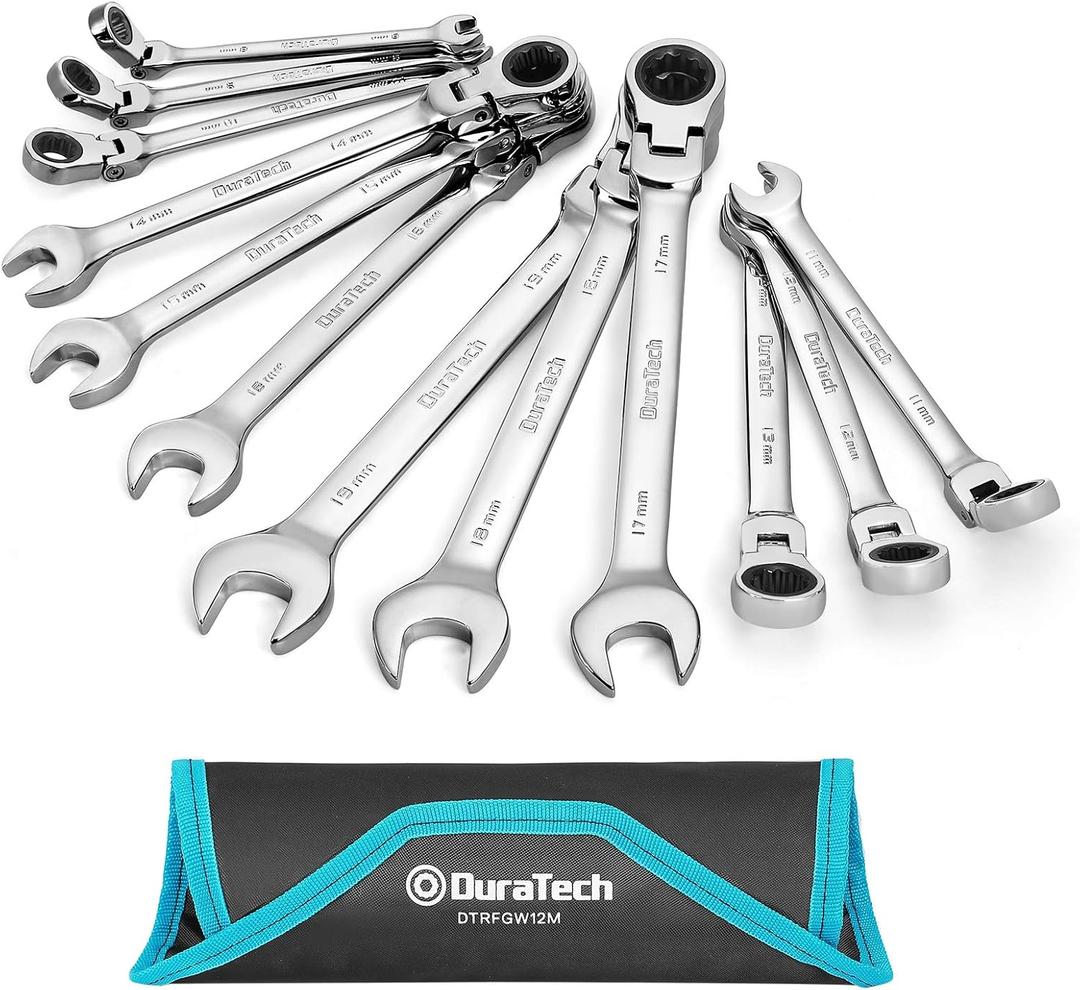 DURATECH Flex-Head Ratcheting Wrench Set, Combination Wrench Set, 72 Tooth, Metric, 12-piece, Size Covers 8-19mm, CR-V Steel, with Rolling Pouch