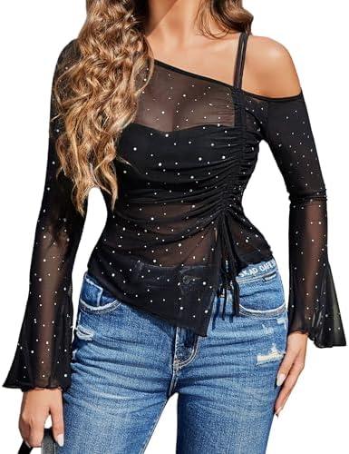 Avidlove Women Mesh Top Long Sleeve Rhinestone Tops Off Shoulder Bell Sleeve Drawstring Blouse Sheer Sparkly Shirt, Large, Black