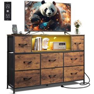 WLIVE TV Stand for 45, 50, 55 inch TV, Entertainment Center with LED Lights & Charging Station, TV Media Console Table with 8 Fabric Drawers and Open Shelves for Living Room, Hallway, Rustic Brown