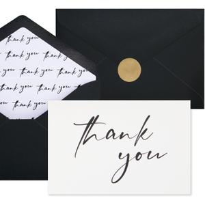 AZAZA 50 Pack Black Thank You Cards with Envelopes 4x6 inch, Bulk Thank You Notes 2 Minimalistic Designs, Funeral Thank You Cards with Envelopes & Gold Stickers for Graduation, Small Business