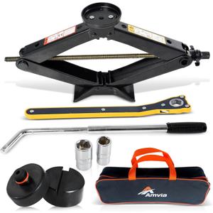 Car Jack Kit with Tesla Pad & Universal Rubber Pad | Scissor Jack for Car 3 Ton (6,600 lbs) - Tire Jack Tool Kit | Portable, Ideal for SUV and Auto - Universal Car Emergency Kit with Lug Wrench (Car Jack Kit 3 Ton + Tesla pad + Rubber pad)