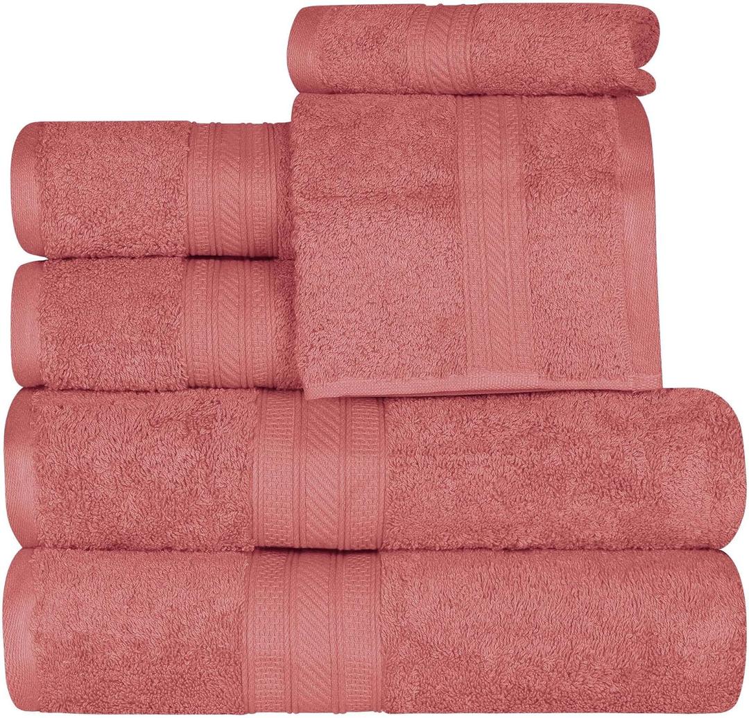 Superior 700 GSM Long Staple 100% Combed Cotton, Durable, Plush and Absorbent 6-Piece Single Ply Towel Set - Blush (6 Piece Towel Set, Blush)