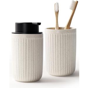 Bosilunlife Soap Dispenser and Toothbrush Holder Set - 11Oz Foam Soap Dispenser Pump Ceramic Bathroom Counter Soap Toothbrush Holder Set Beige Bathroom Accessories Set