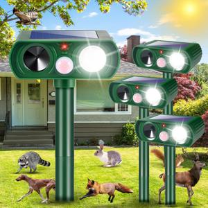 4 Pack Solar Animal Repellent Ultrasonic Cat Deterrent Outdoor, Motion Activated Deer Repellent Light, Raccoon Squirrel Fortress Pro Keep Cats Out of Yard, Waterproof Dog Skunk Raccoon Rabbit Repeller